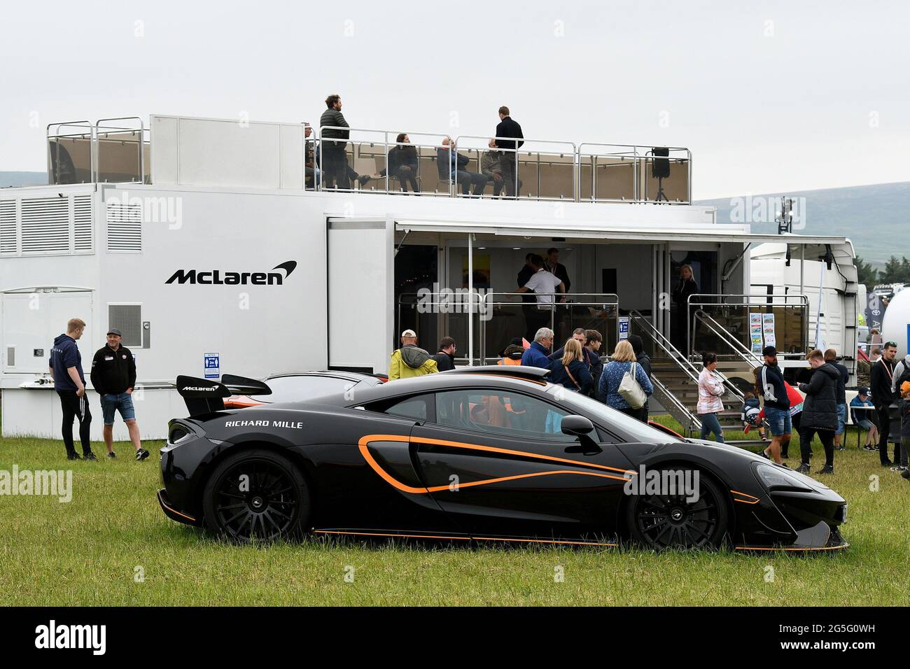 Holmfirth, Yorkshire, UK, 27 June 2021. The McLaren stand at the 2021