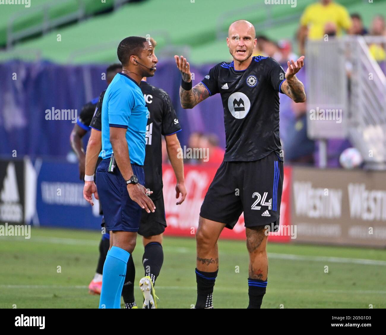 Nashville, TN, USA. 26th June, 2021. Montreal defender, Kiki Struna (24), reacts to a call by the referee during the MLS match between CF Montreal and Nashville SC at Nissan Stadium in Nashville, TN. Kevin Langley/CSM/Alamy Live News Stock Photo