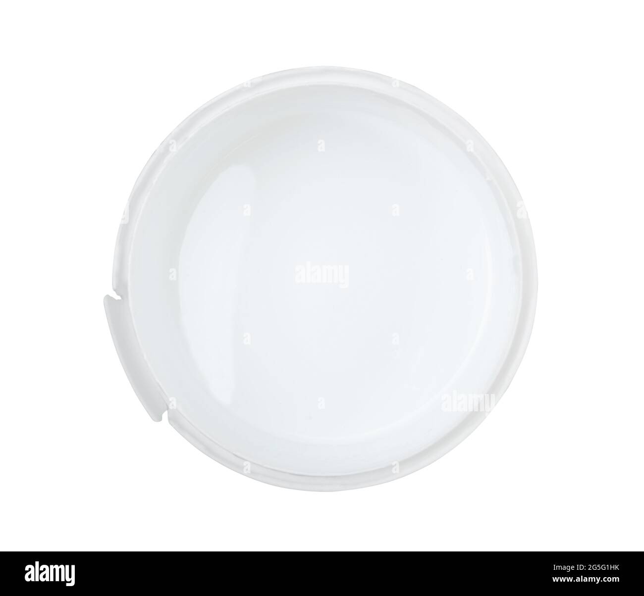Opened plastic bucket with white paint isolated on white. Top view Stock Photo Alamy