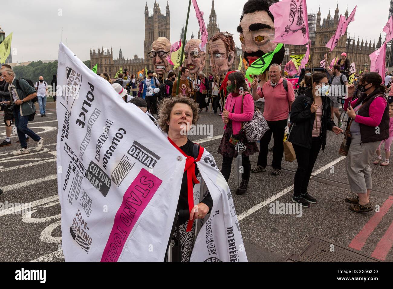 London, UK. 27th June, 2021. June 27, 2021 in London, England: Extinction Rebellion activists march at Southbank during a Free the Press protest. The Climate Change action group rally against the perceived control of the UK Media by just four powerful billionaires. (Photo by Dominika Zarzycka/Sipa USA) Credit: Sipa USA/Alamy Live News Stock Photo