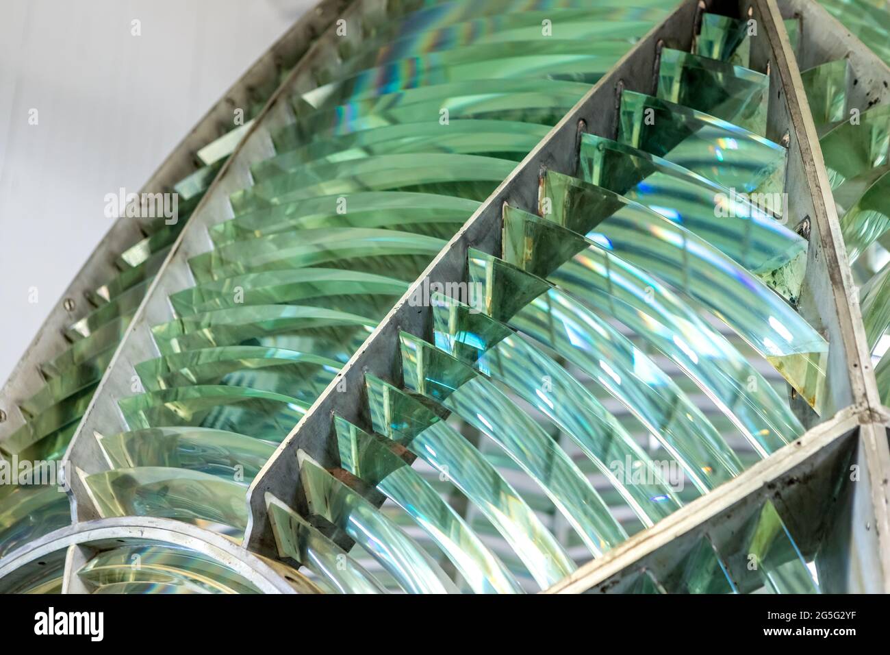 Prism After Prism - The Point Arena Lighthouse fresnel lens is comprised of hundreds of individual prisms that focused light from a central hydraulic Stock Photo