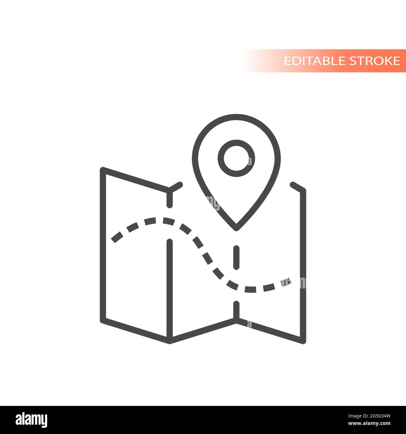 Map with dashed line path and location pin. Outline vector icon
