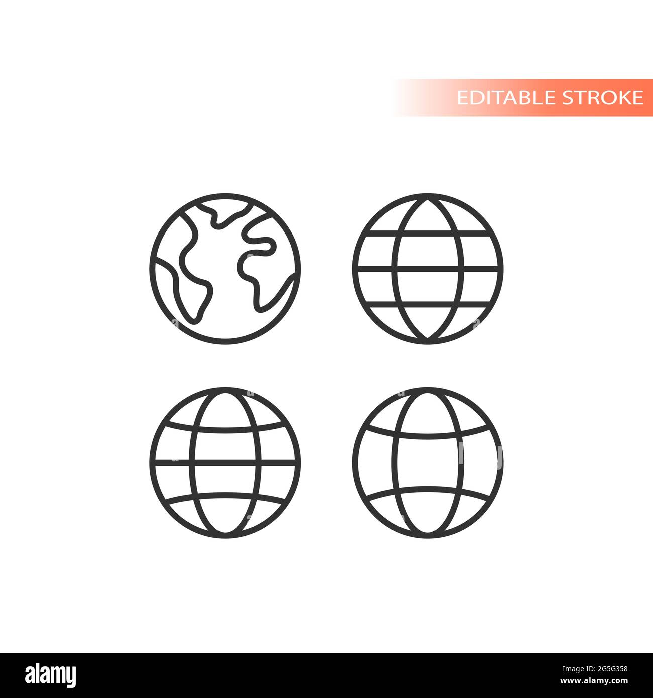 Globe web line vector icon set. Planet earth outline, editable stroke. Stock Vector