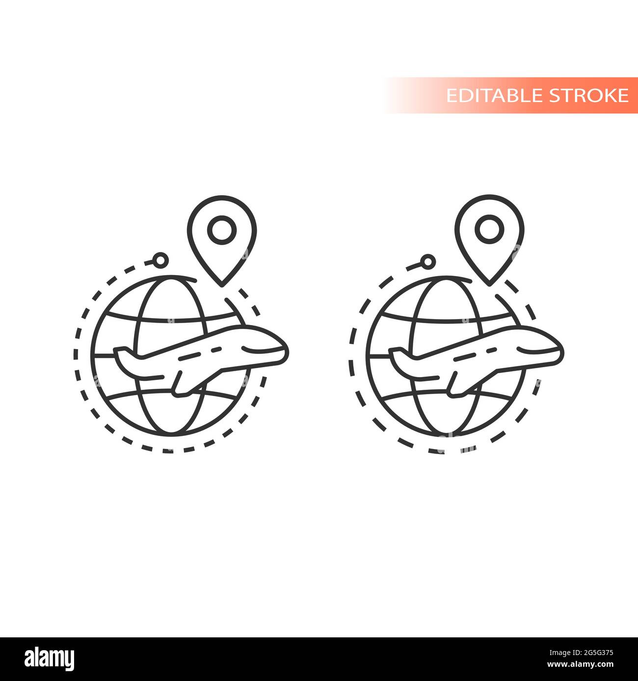 Globe, location pin and airplane line vector icon. Dashed line flight route outline, editable stroke. Stock Vector