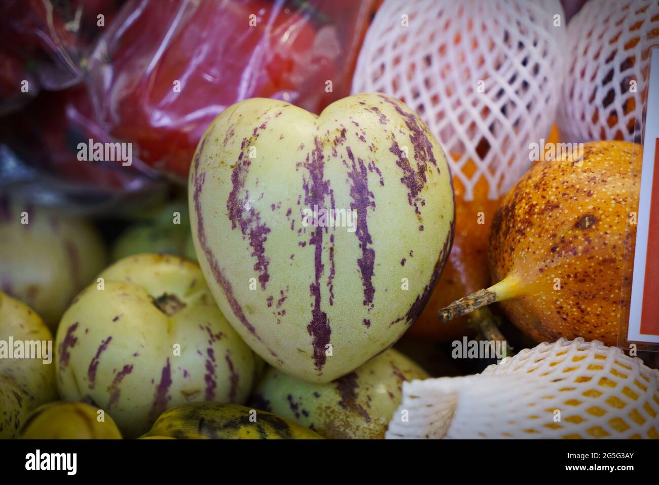 Heart-shaped fruit, native to South America, is called pepino dulce - sweet cucumber - or even just pear melon. Stock Photo