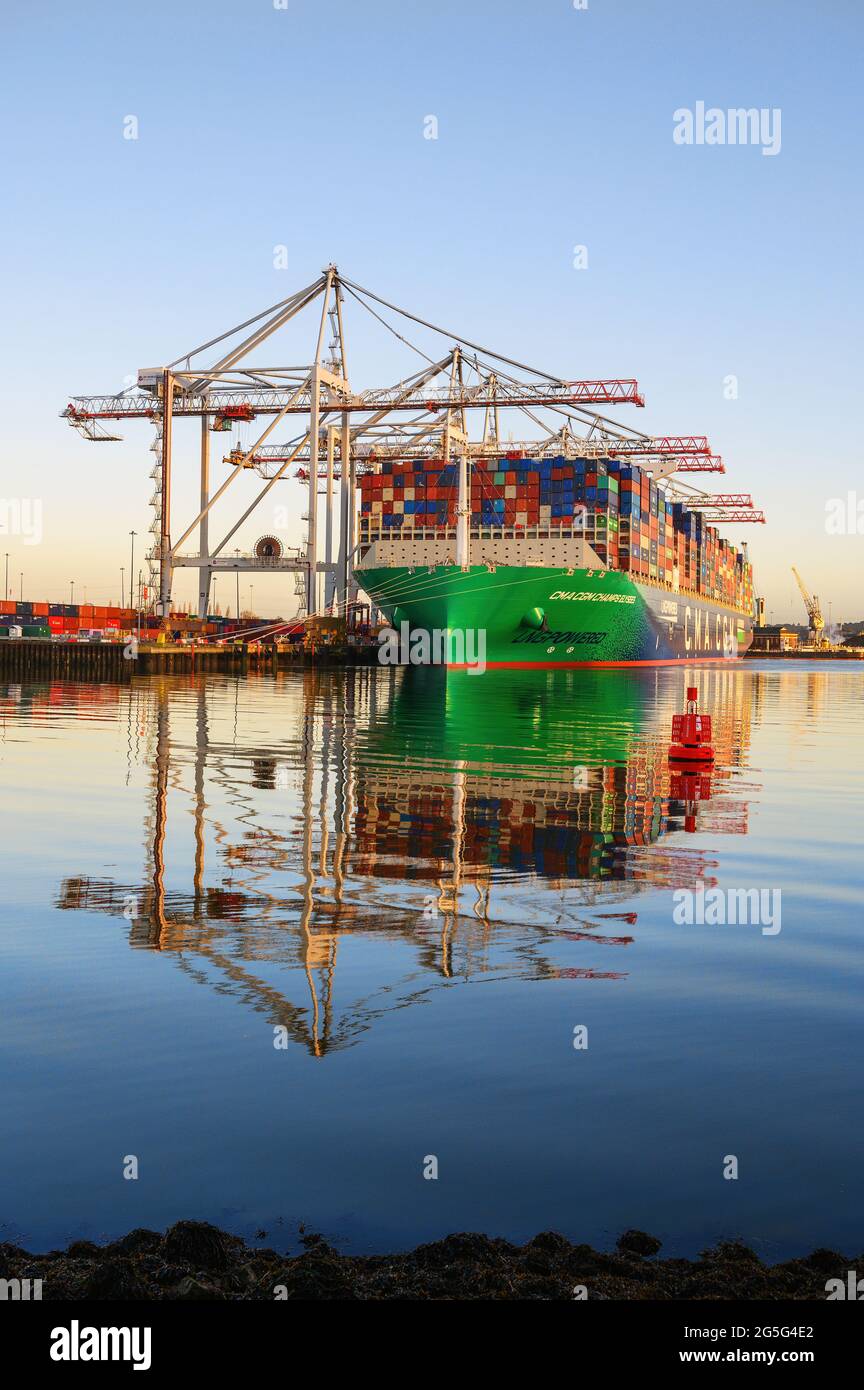 A portait format view of the LNG-powered Ultra Large container ship CMA ...