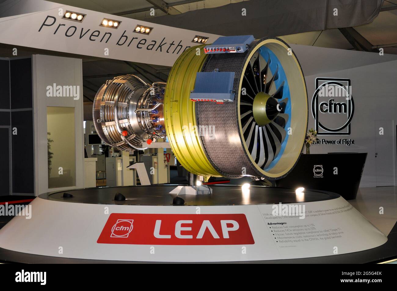 CFM International LEAP high-bypass turbofan engine display stand at the Farnborough International Airshow trade fair 2012, UK. Used by Boeing 737 MAX Stock Photo