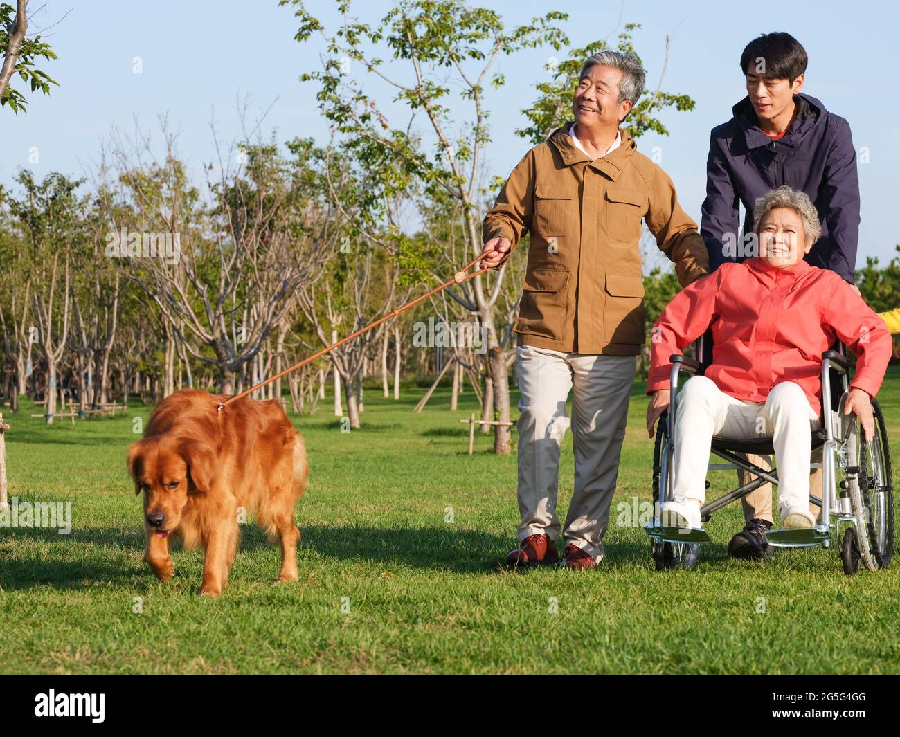 Happy family of three and pet dog walking in the park high quality photo Stock Photo