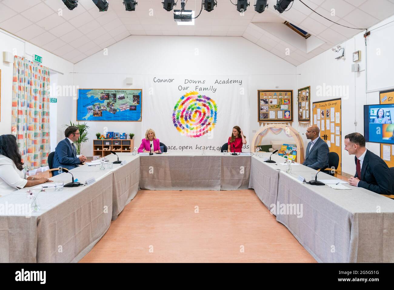 U.S First Lady Jill Biden and Catherine, the Duchess of Cambridge, join in a roundtable discussion on education at Connor Downs Academy  June 11, 2021 in Hayle, Cornwall, United Kingdom. Stock Photo