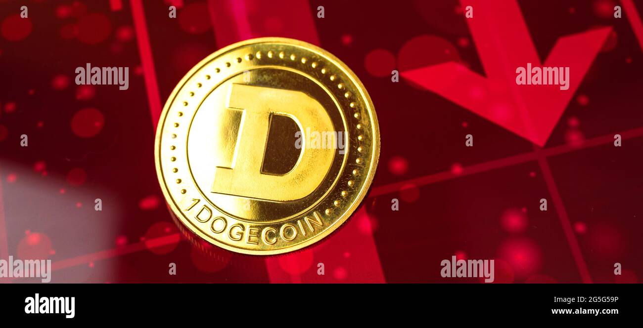 Banner fall of Dogecoin cost, red down arrow and stock chart graphs on the  background, cryptocurrency crisis concept photo Stock Photo - Alamy