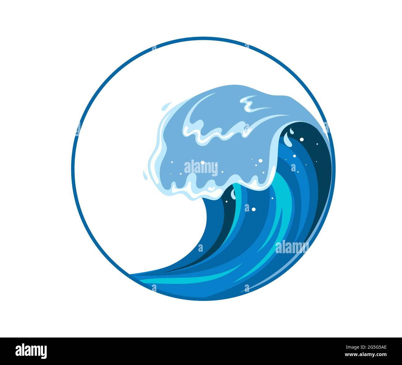 Tsumani wave sign in flat cartoon style. Big blue tropical water splash ...