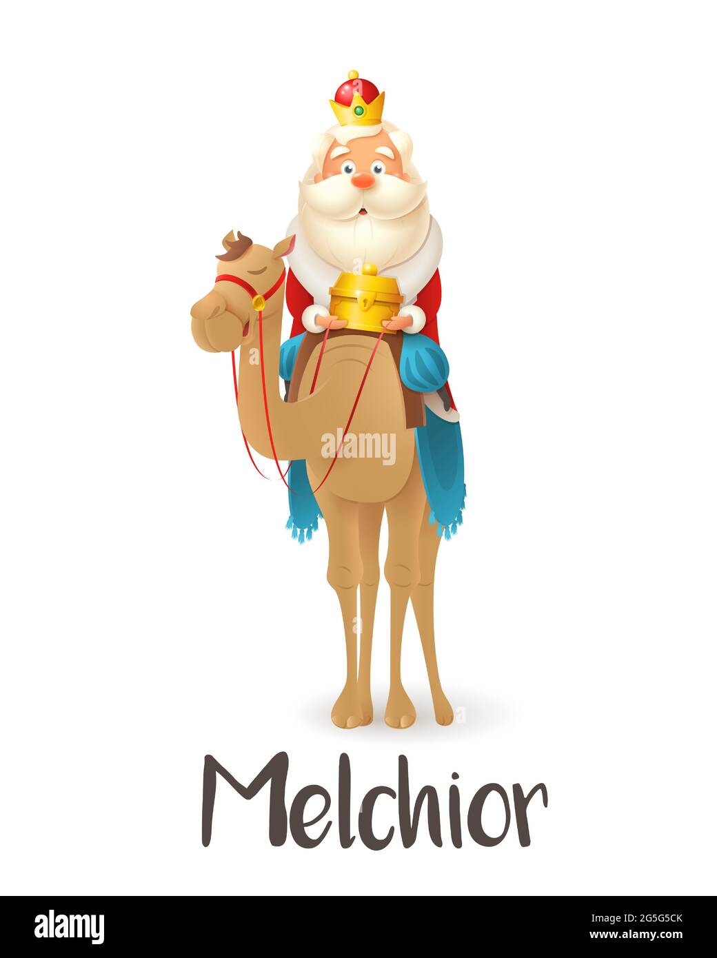 Wise man Melchior on camel celebrate Epiphany - vector illustration isolated on transparent background Stock Vector