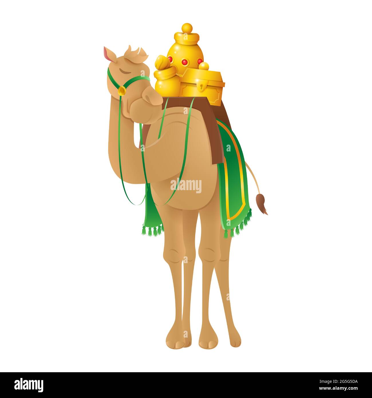 Cute camel dromedary with gifts of Three Kings - vector illustration isolated on transparent background Stock Vector