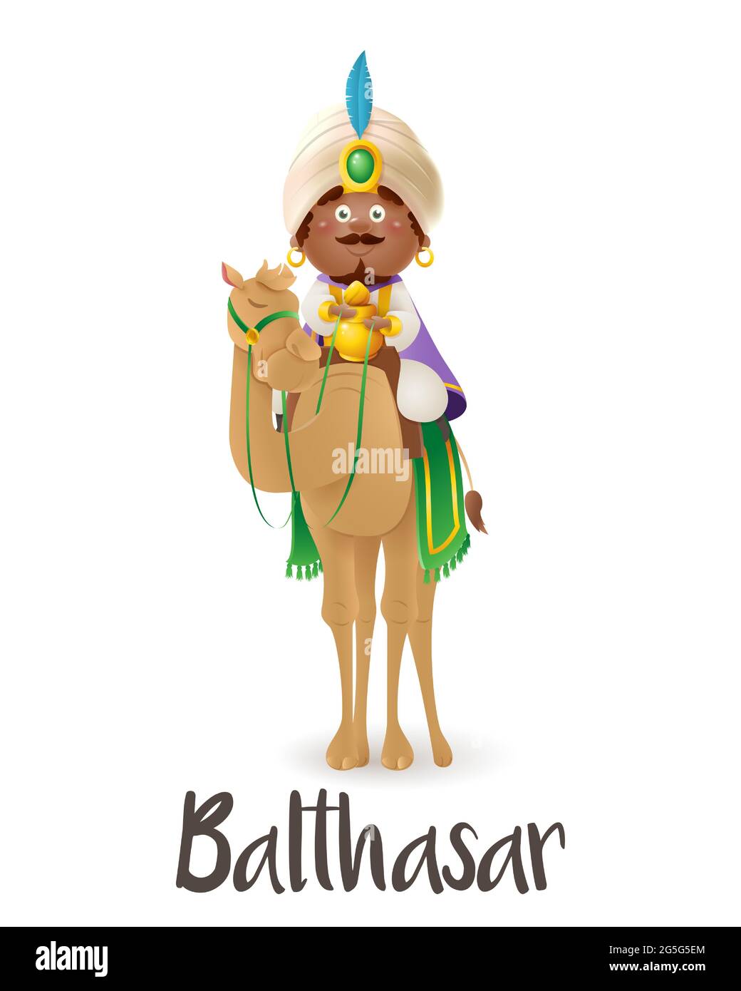 Wise man Balthasar on camel celebrate Epiphany - vector illustration isolated on transparent background Stock Vector