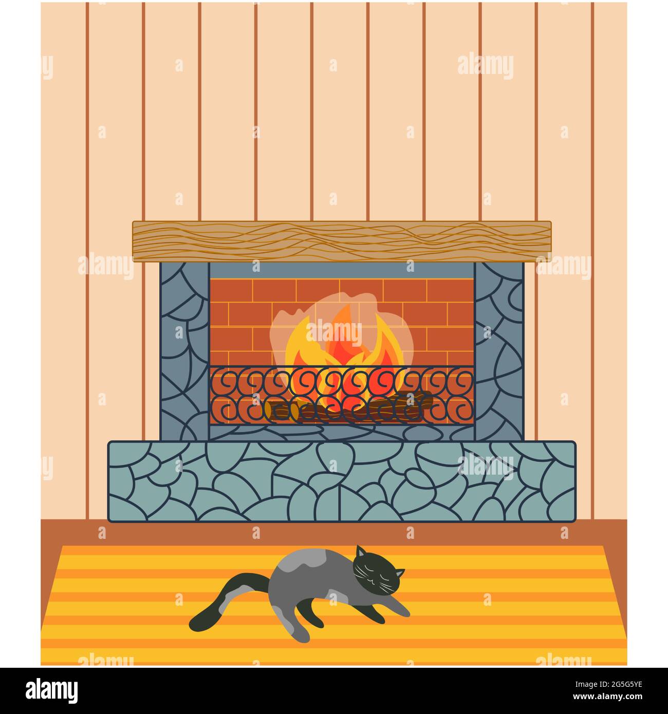 Home inside living room design element. Fireplace, cat Stock Vector