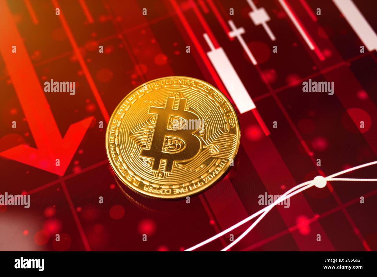 Bitcoin cryptocurrency value price fall drop, down, red stock chart with  arrows on background Stock Photo - Alamy