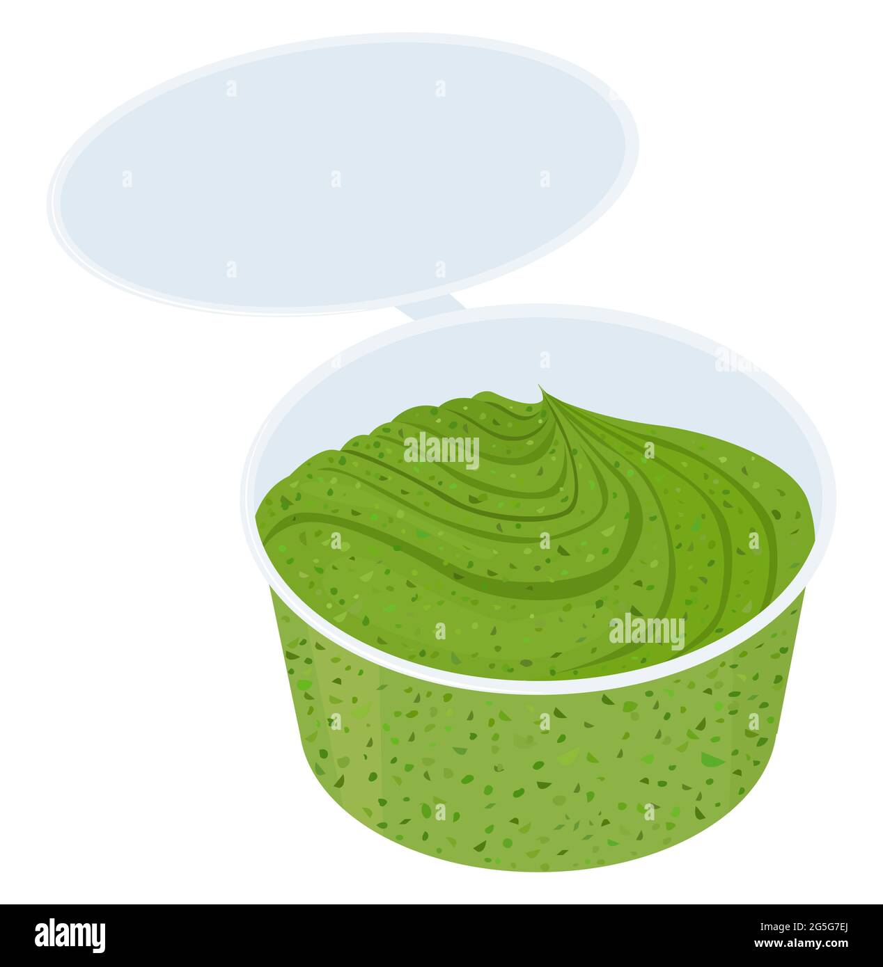 Green pesto sauce in small plastic bowl on white background, delicious cartoon food condiment. Vector illustration. Stock Vector