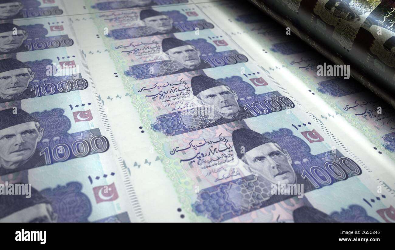 Pakistani rupee money print 3d illustration. PKR banknote printing. Concept of finance, cash, economy crisis, business recession, bank, tax and debt i Stock Photo