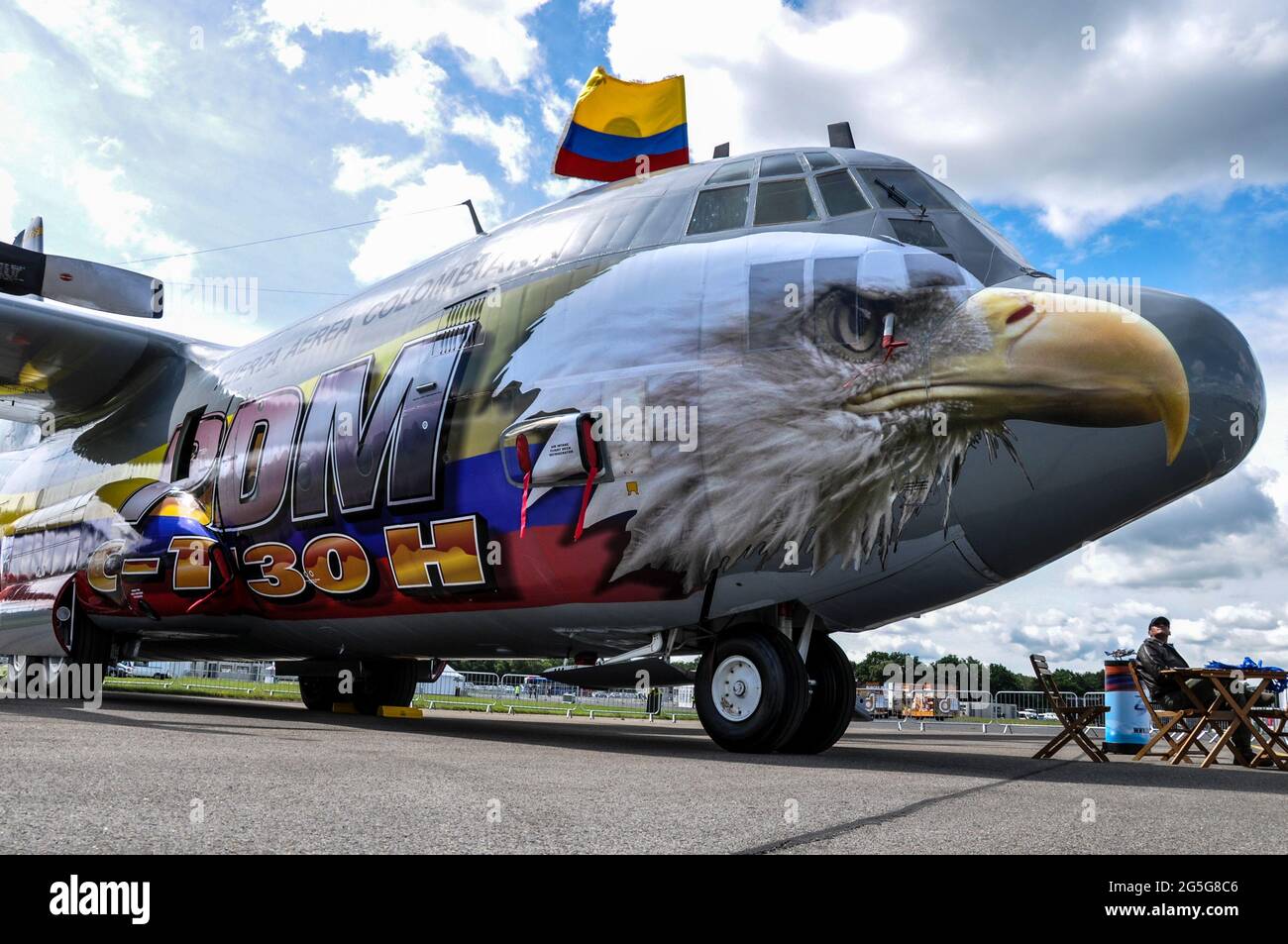 Colombian Air Force Lockheed C-130H Hercules FAC1004 at Farnborough International Airshow trade fair 2012, UK in special scheme Stock Photo