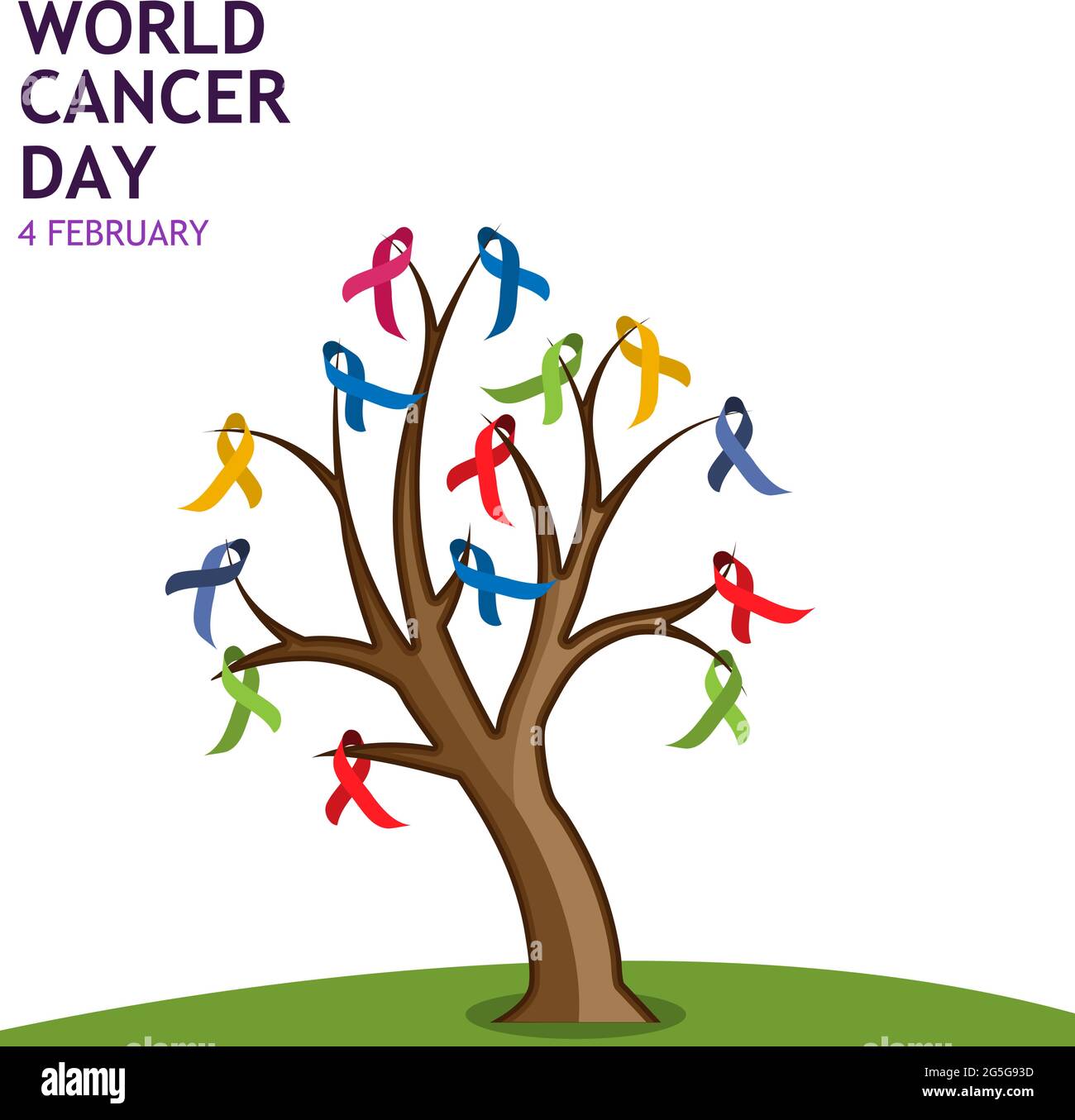 World cancer day 4 february text with ribbon tree. Vector illustration concept for world cancer day Stock Vector