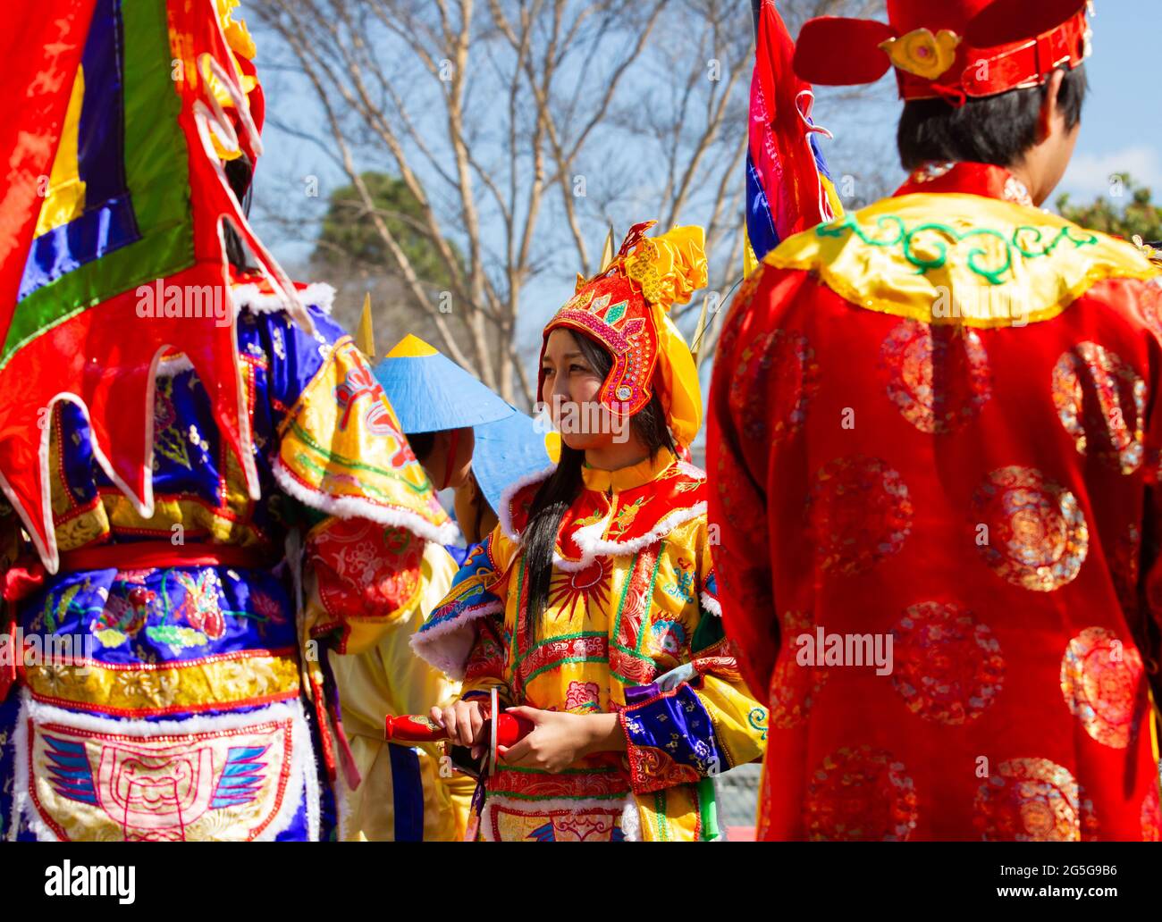 Role players dressed as royal subjects of Emperor Quang Trung during Tet festival Stock Photo