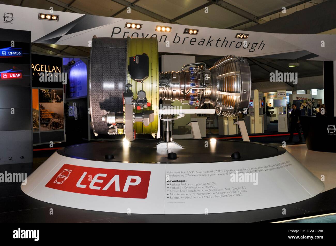 CFM International LEAP high-bypass turbofan engine display stand at the Farnborough International Airshow trade fair 2012, UK. Economic design Stock Photo