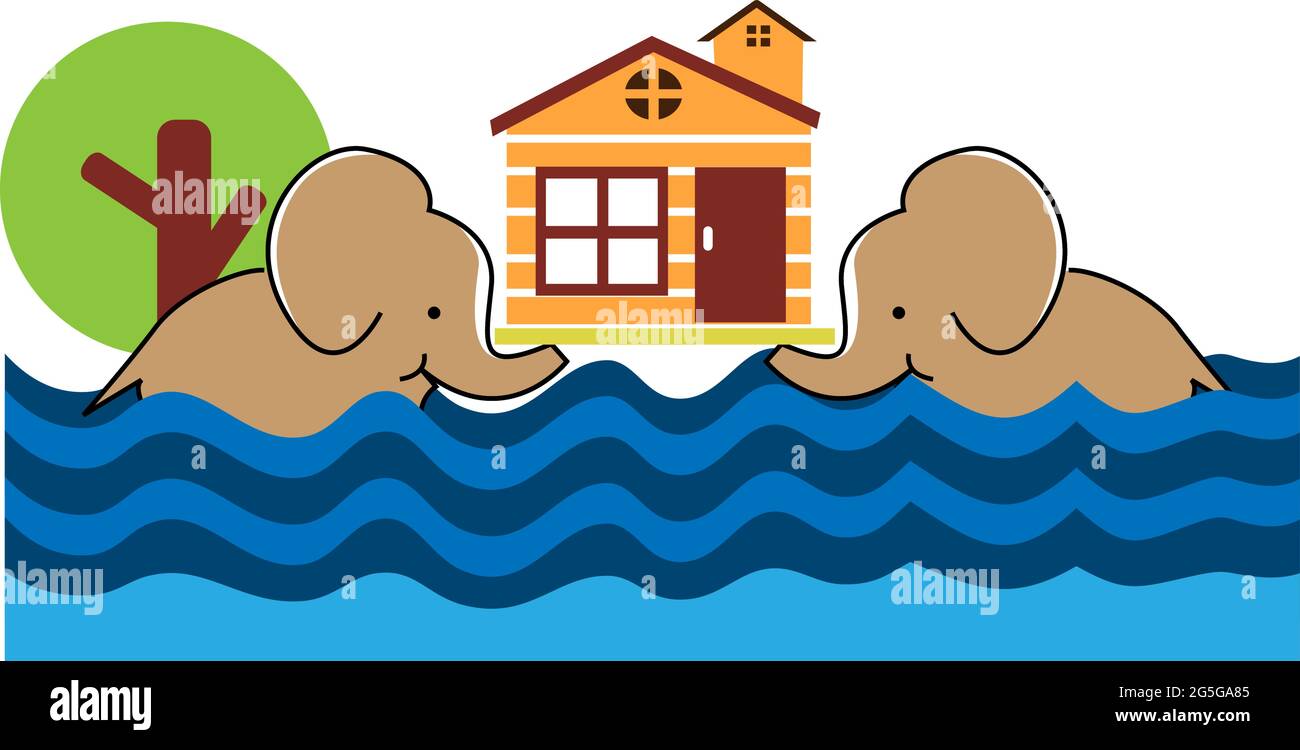 Elephant saved the house from flooding. Stock Vector