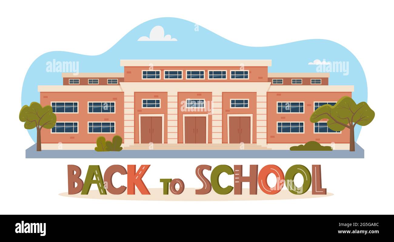 Back To School concept. Modern School Building Exterior. Facade of high school building with large windows. Design for flyer, banner, card. Vector ill Stock Vector