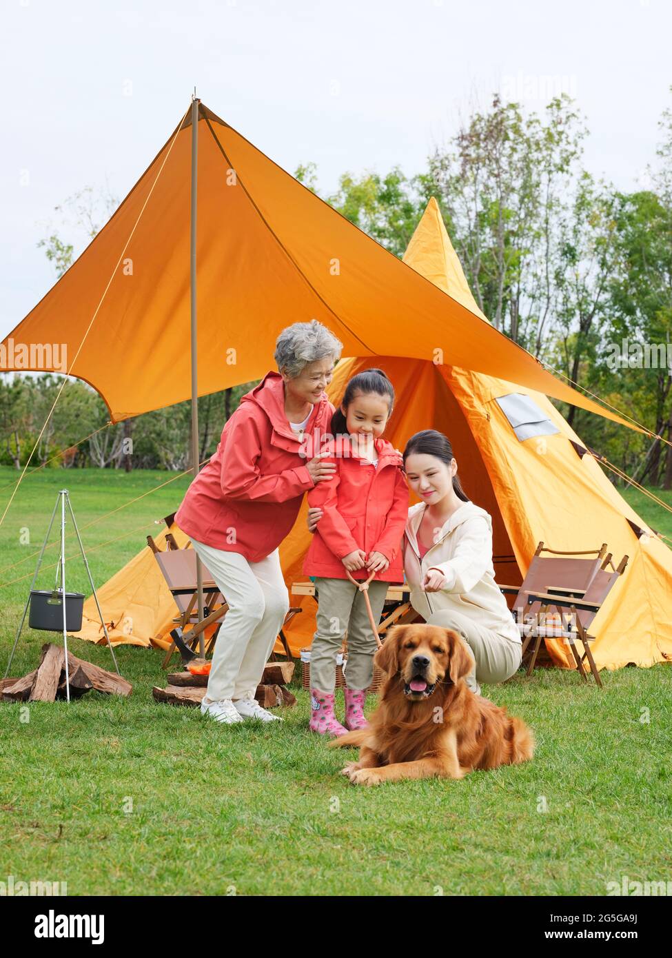 Happy grandparents and grandchildren take a group photo with their pet dog outdoors high quality photo Stock Photo