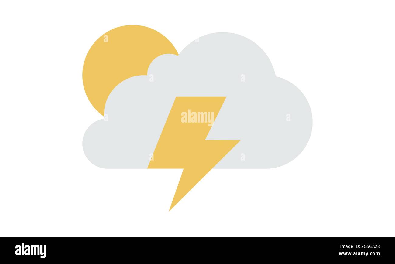 Sunny weather sign icon on white background. Yellow sun and cloud and lightning illustration Stock Vector