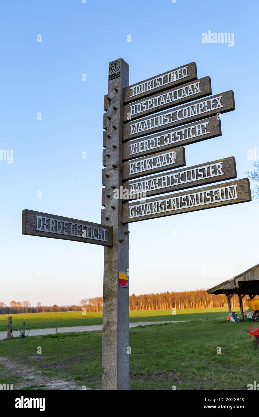 Street sign and historic houses  Colony of kindness in Veenhuizen in The Netherlands (UNESCO world heritage) Stock Photo