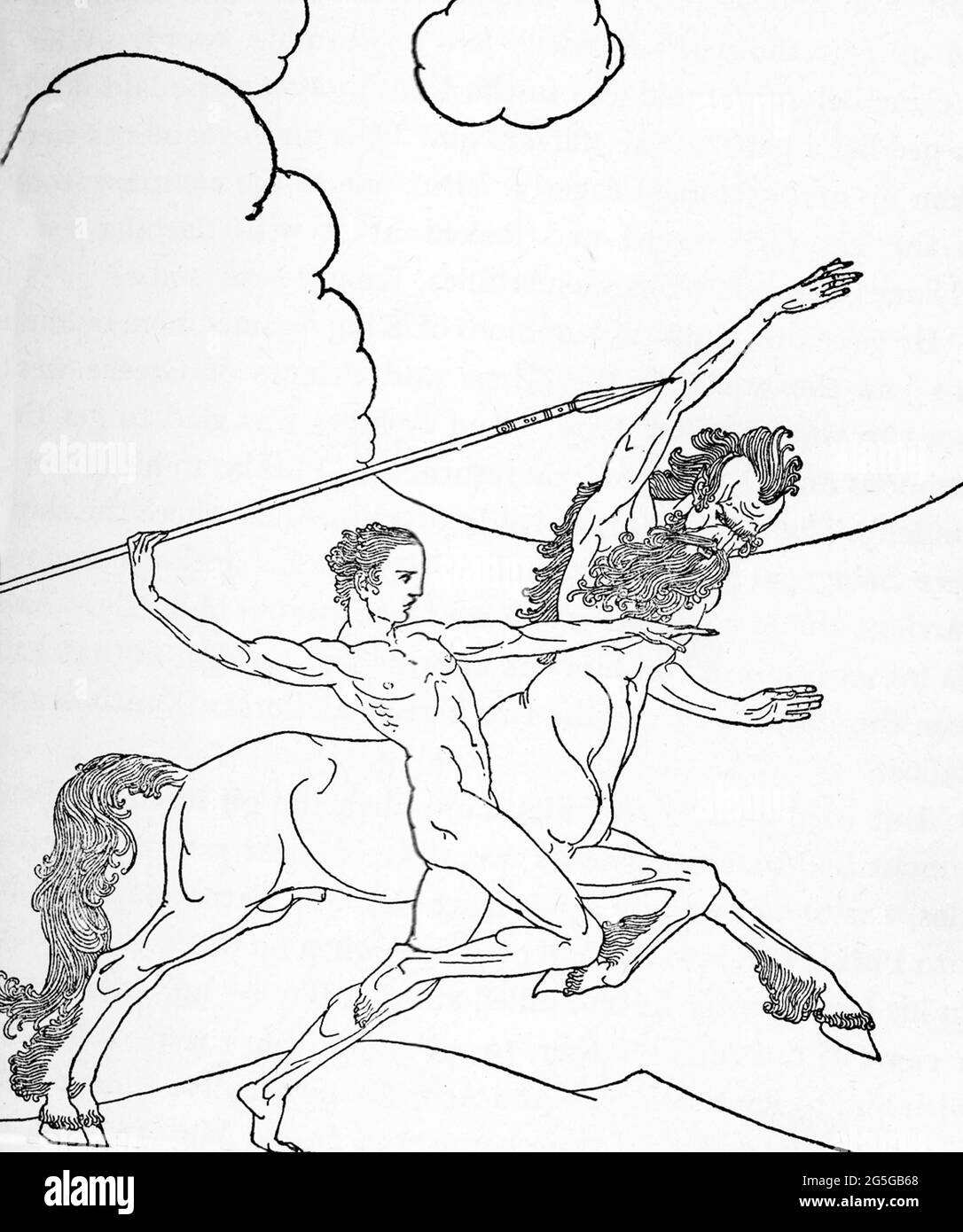 This 1918 image shows Chiron (Cheiron) the Centaur giving Peleus the great spear, a scene from Homer’s Odyssey. Chiron was a guest at the marriage of Peleus and Thetis. Chiron presented Peleus with a spear made from ash, which had been polished by Athena and given its metal point by Hephaestus. This spear would later be owned by the son of Peleus, Achilles, the Greek hero of the Trojan War. Stock Photo