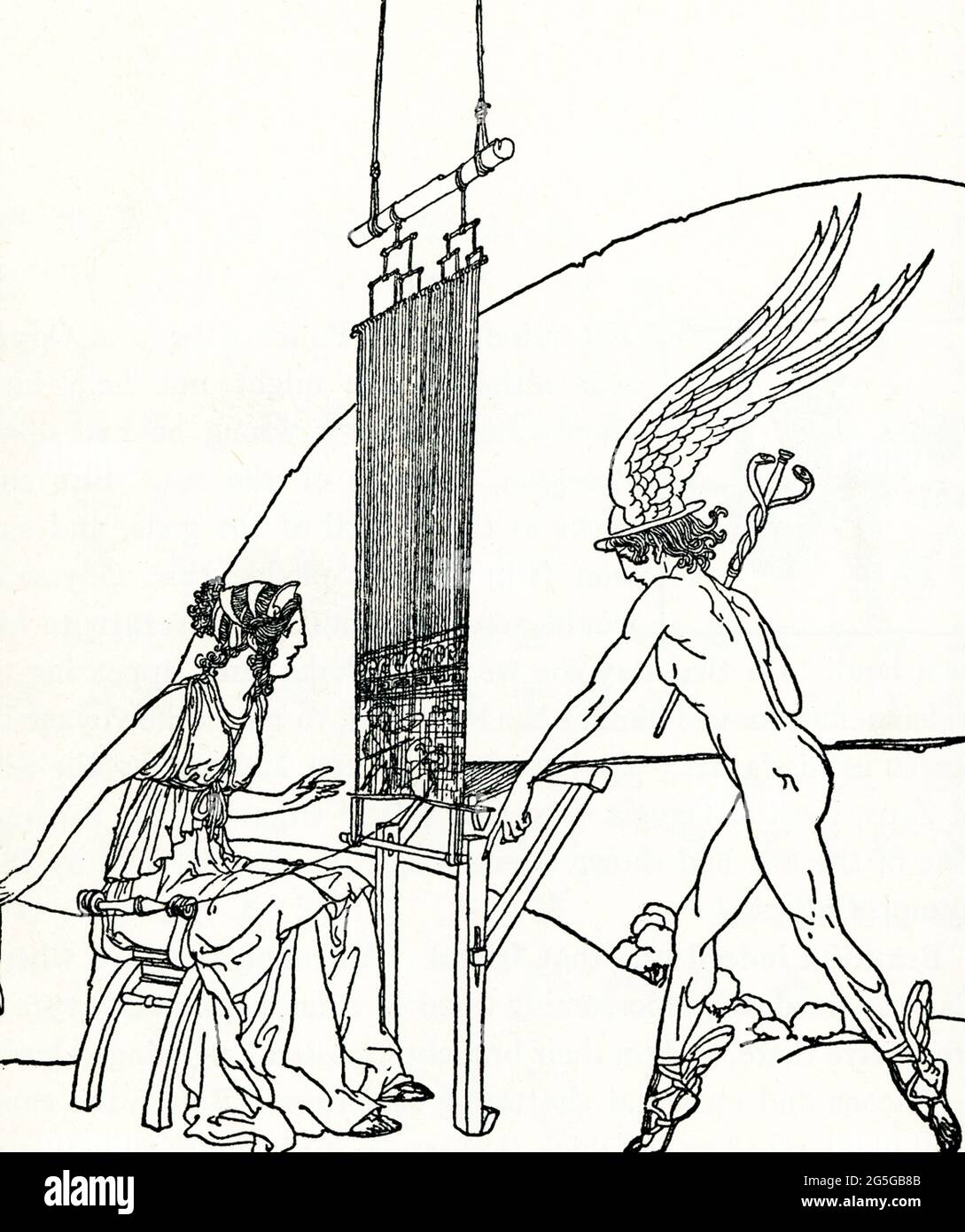 The 1918 caption reads: “Hermes visits Calypso in her cave and says that Zeus wants her to  let Odysseus go.” In Greek mythology, Calypso is the daughter of the Titan Atlas (also known as Oceanus and Nereus). She is a nymph of the mythical island of Ogygia. In Homer's Odyssey, Book V (also Books I and VII), she entertained the Greek hero Odysseus for seven years, but she could not overcome his longing for home even by promising him immortality. Here, the god Hermes delivers to Calypso the message from Zeus that she needs to let Odysseus return to Ithaca. She obeys. Stock Photo
