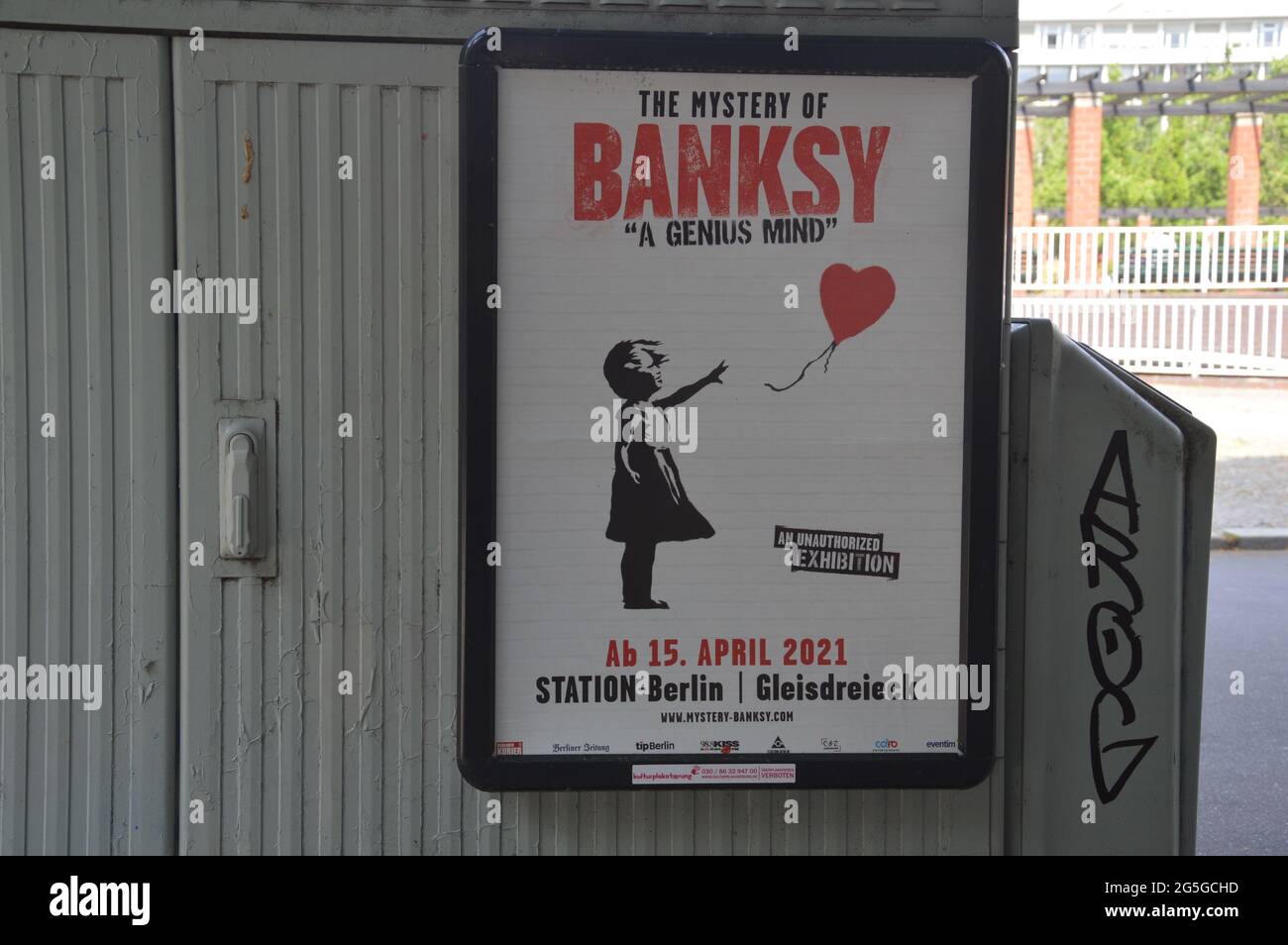'The Mystery of Banksy' exhbition advertising at Marburger Strasse in Berlin, Germany - June 25 2021 Stock Photo