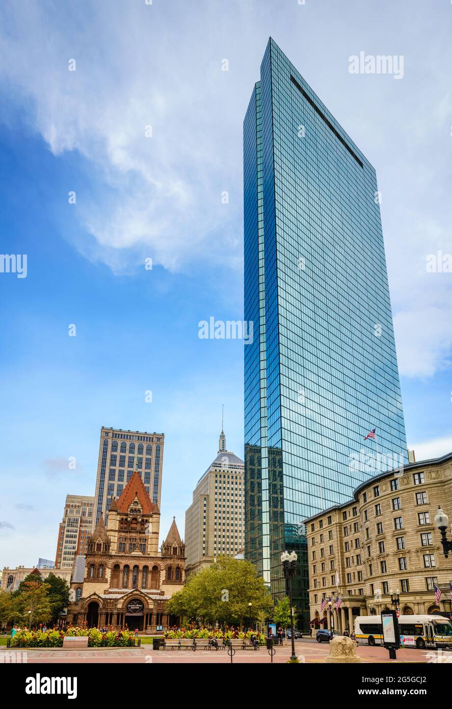 Boston, MA, September 27, 2020: John Hancock Tower and Trinity Church in downtown Boston Stock Photo