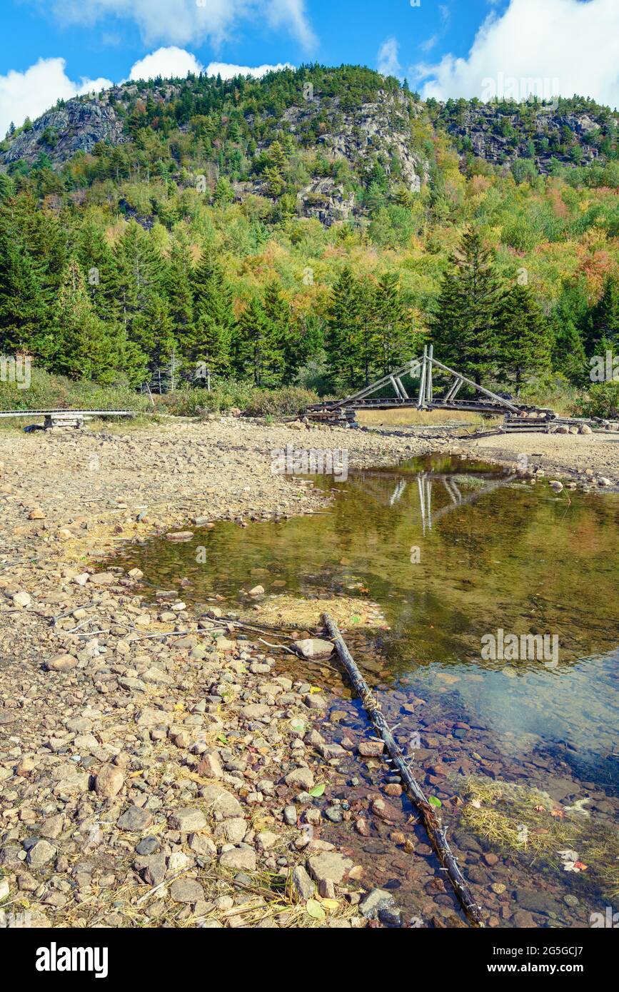 Hiking trail with a foot bridge in Acadia National Park in Maine Stock Photo