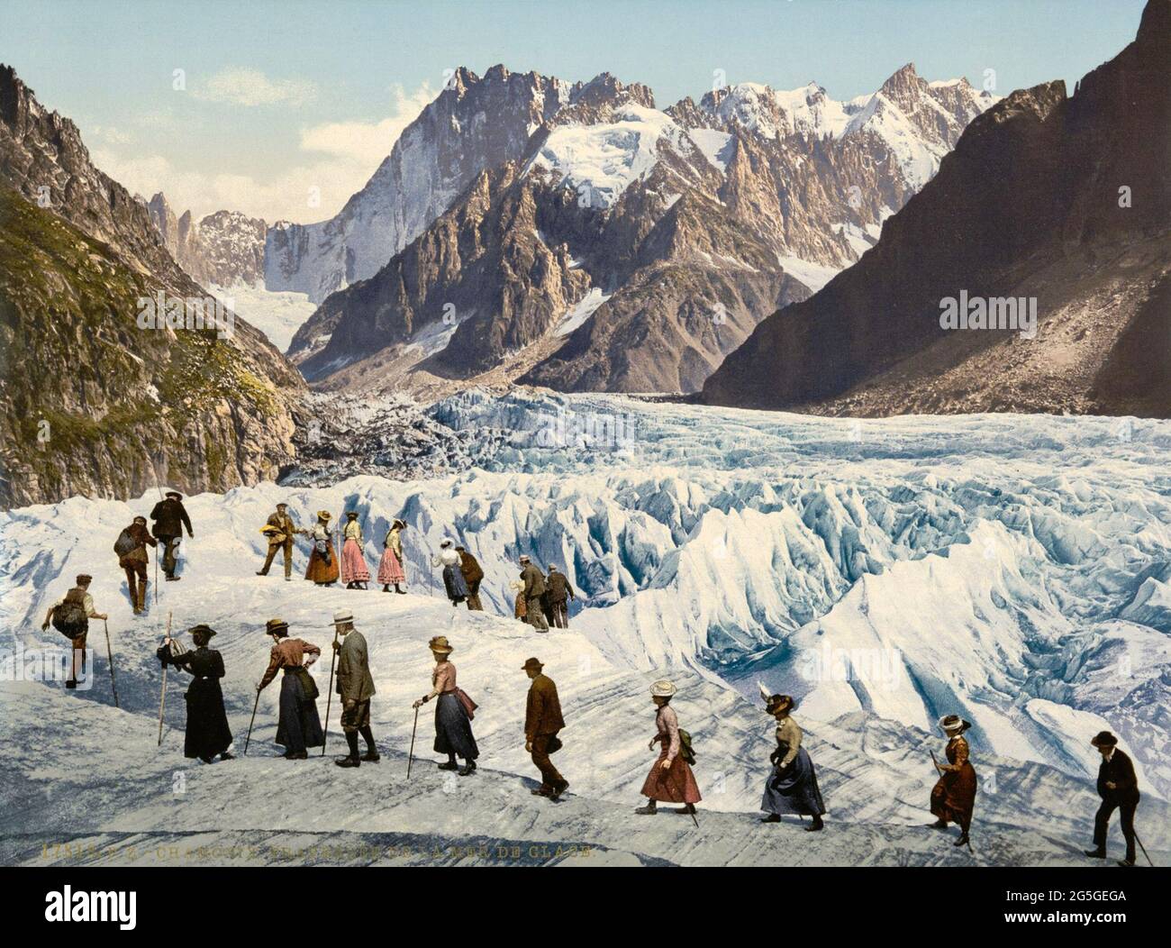 A vintage photo of tourists on the Mer de Glace glacier, Chamonix, French Alps Stock Photo