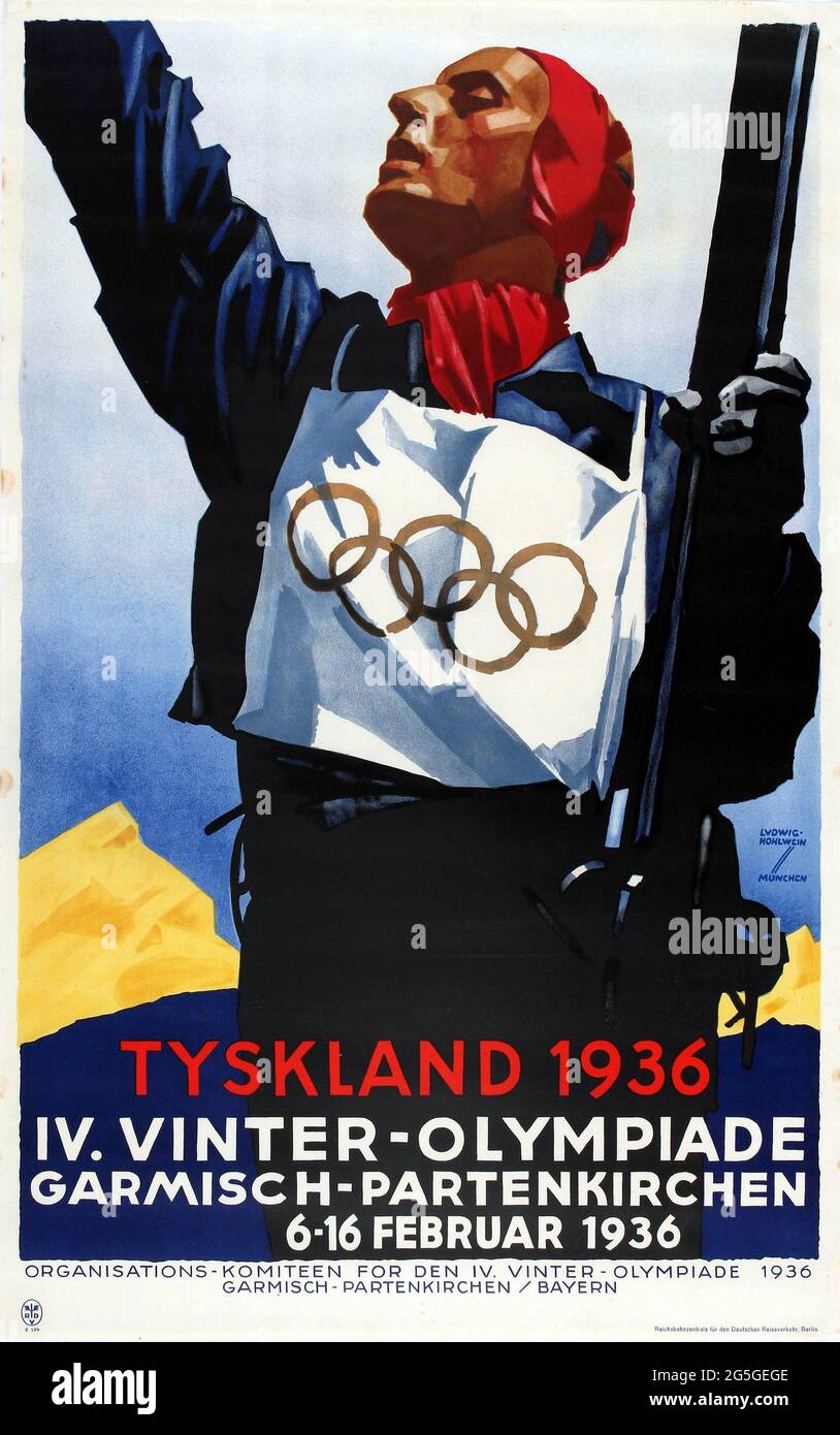 A vintage poster for the  winter Olympic Games in Garmisch Partenkirchen in Germany 1936 Stock Photo