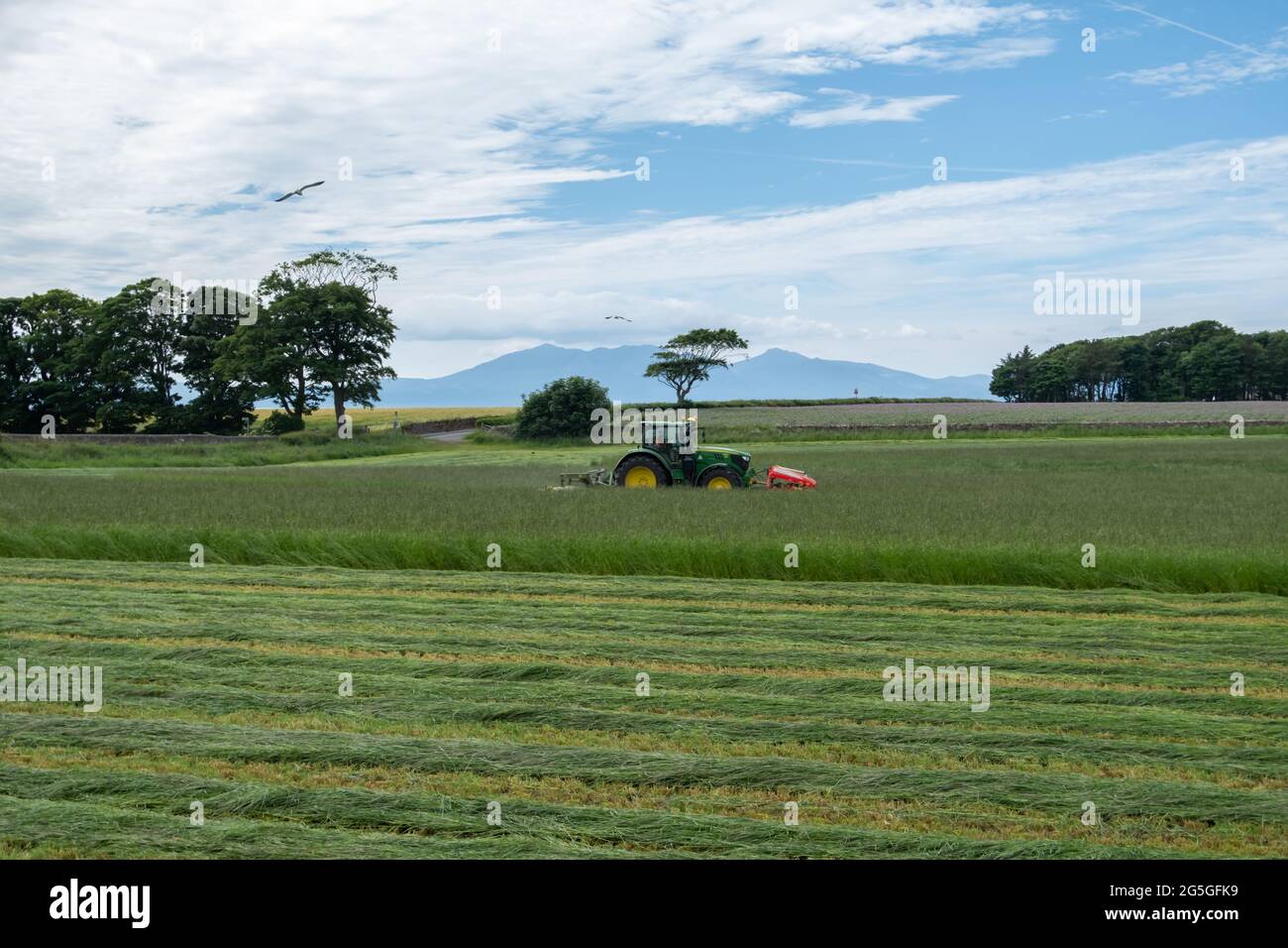 West Kilbride, Scotland, UK. 27th June 2021. A tractor mowing a