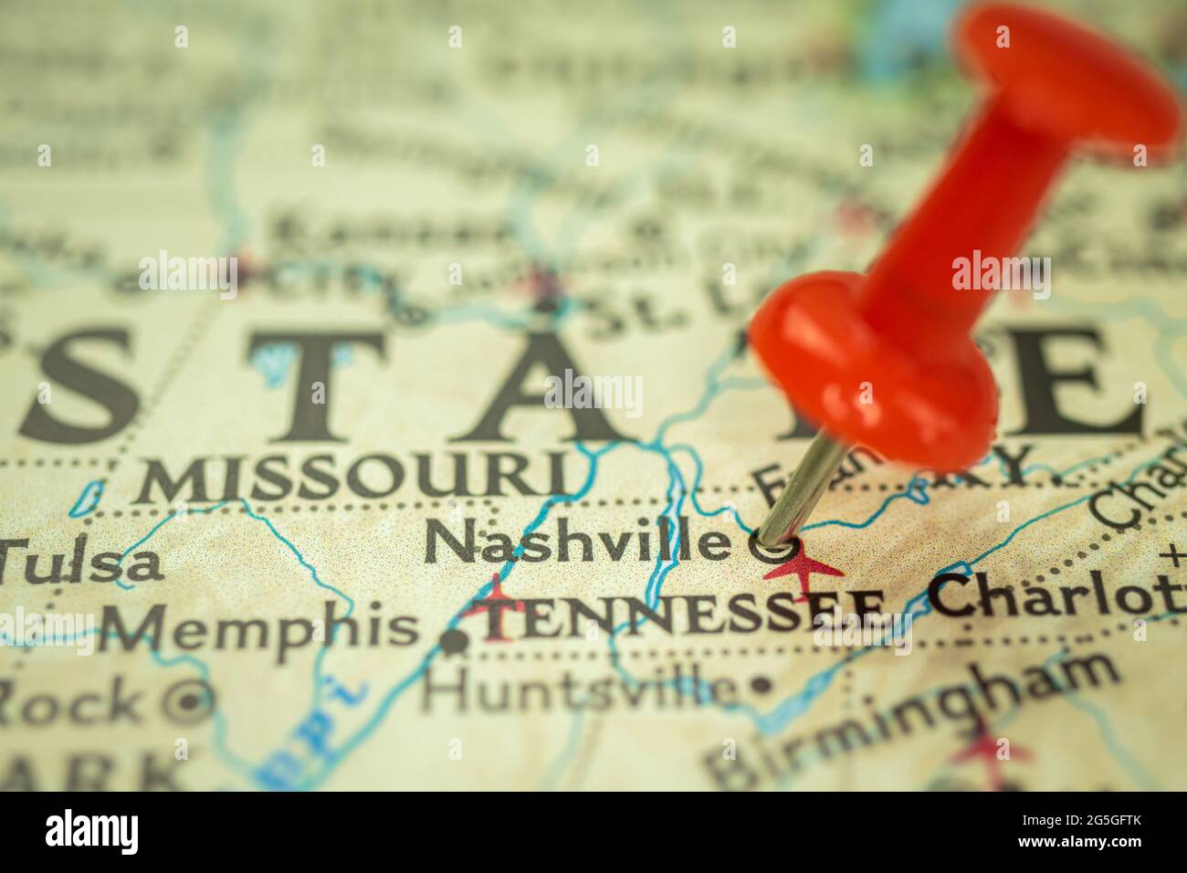 Location Nashville City In Tennessee, Map With Red Push Pin Pointing 