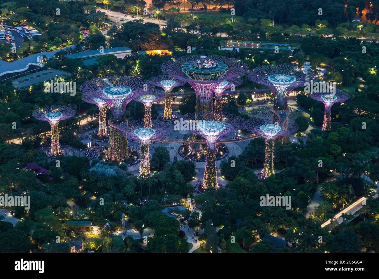 Aerial view of Singapore's Gardens by the Bay Supertree Grove at dusk Stock Photo