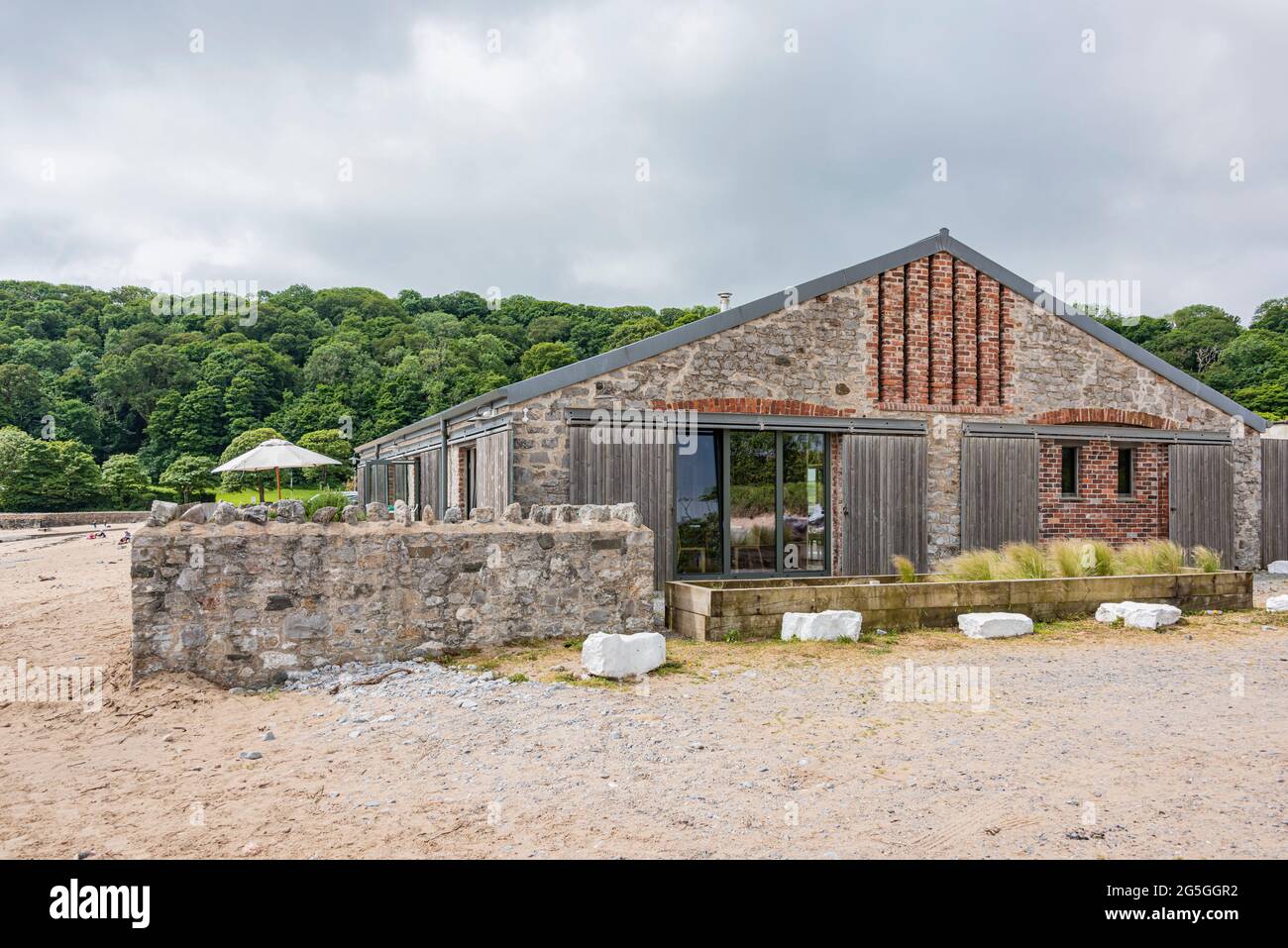 Exterior views of Hywel Griffith's Beach House restaurant at Oxwich Bay