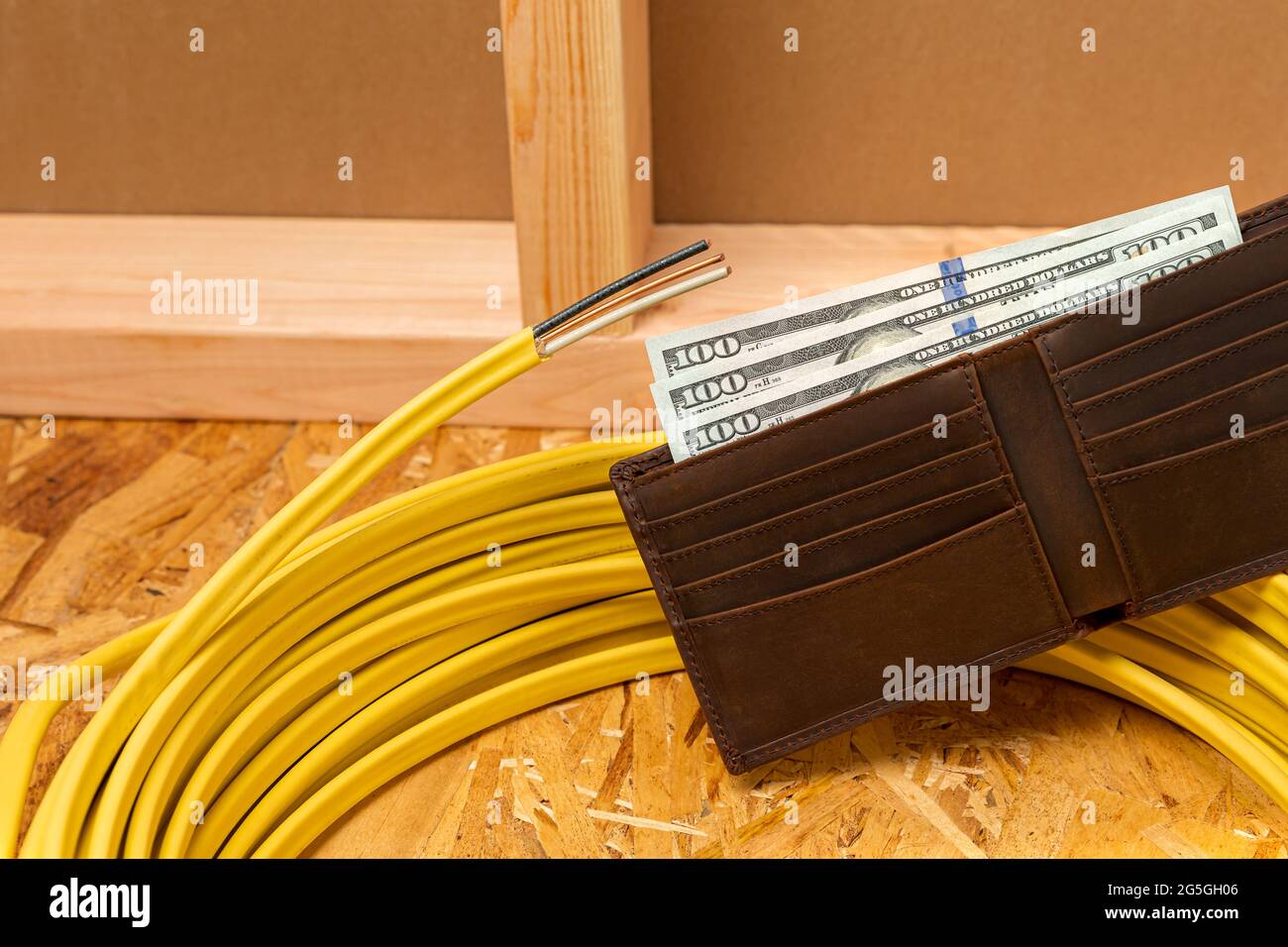 Copper electrical wiring with cash money in wallet. Building materials