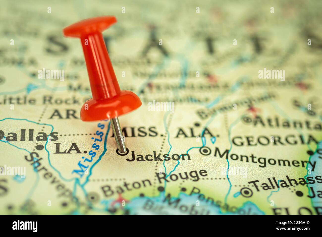 Location Jackson city in Mississippi, map with red push pin pointing