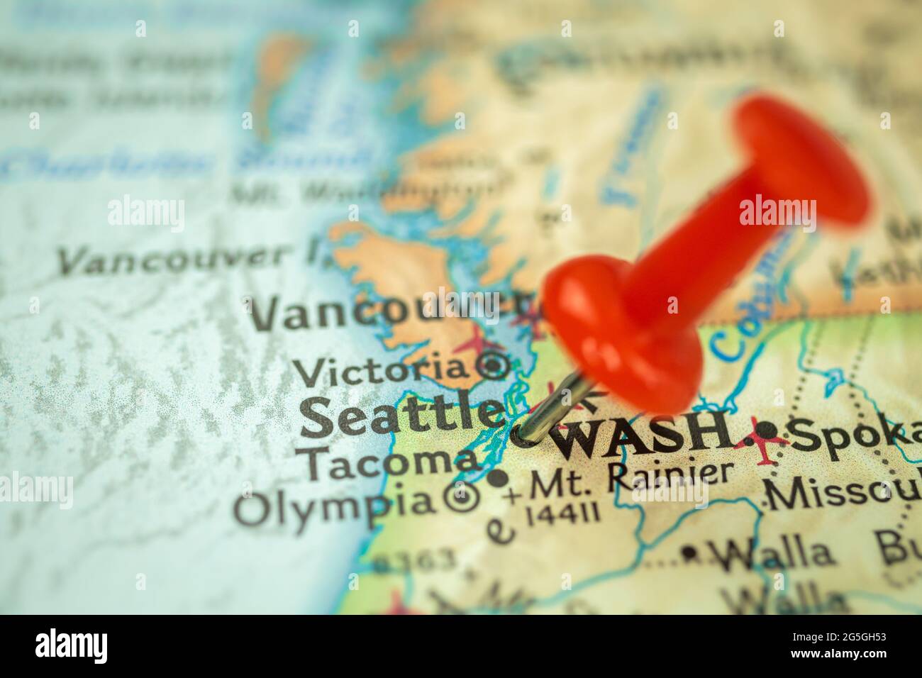 Location Seattle City In Washington Map With Red Push Pin Pointing Location Seattle City In Washington Map With Red Push Pin Pointing Close Up Usa United States Of America 2G5GH53