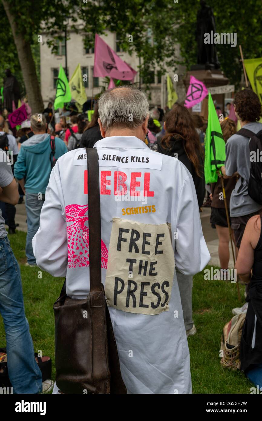 London. UK- 06.27.2021. A Free The Press protest in Parliament Square hosted by Extinction Rebellion UK attended by a large crowd of activists. Stock Photo