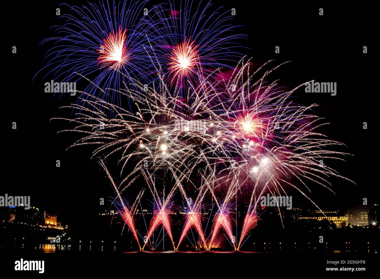 Beautiful fireworks at the International Sound of Light fireworks competition (Les Grands Feux du Casino Lac-Leamy) Stock Photo