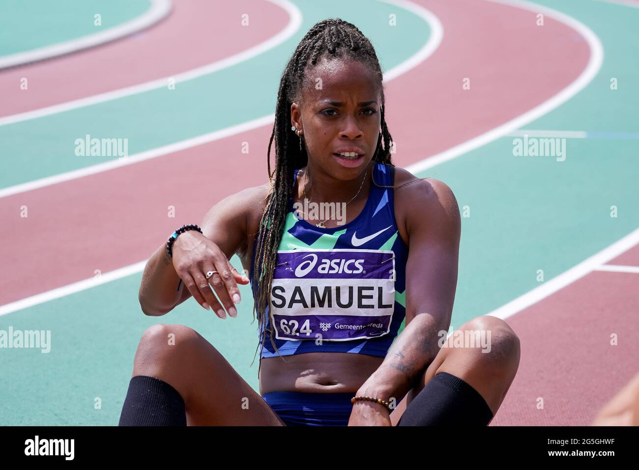 BREDA, NETHERLANDS - JUNE 27: Jamile Samuel of the Netherlands after winning the Womens 200m Final during the Dutch Athletics Championships 2021 at Sportcomplex Dr Schaepmanlaan on June 27, 2021 in Breda, Netherlands (Photo by Jeroen Meuwsen/Orange Pictures) Stock Photo