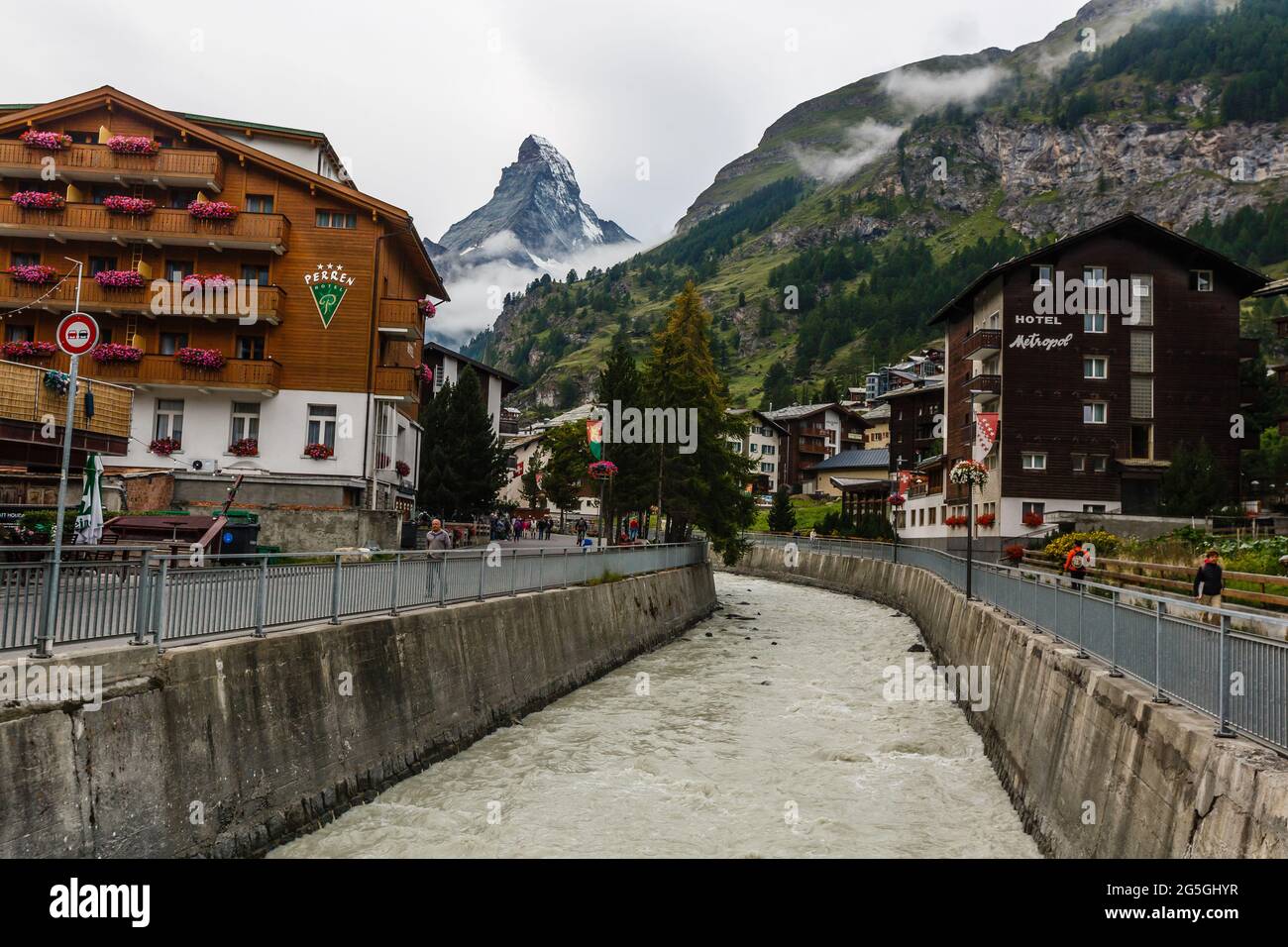 Zermat, Switzerland August 12 2019 Shopping street in Zermatt city