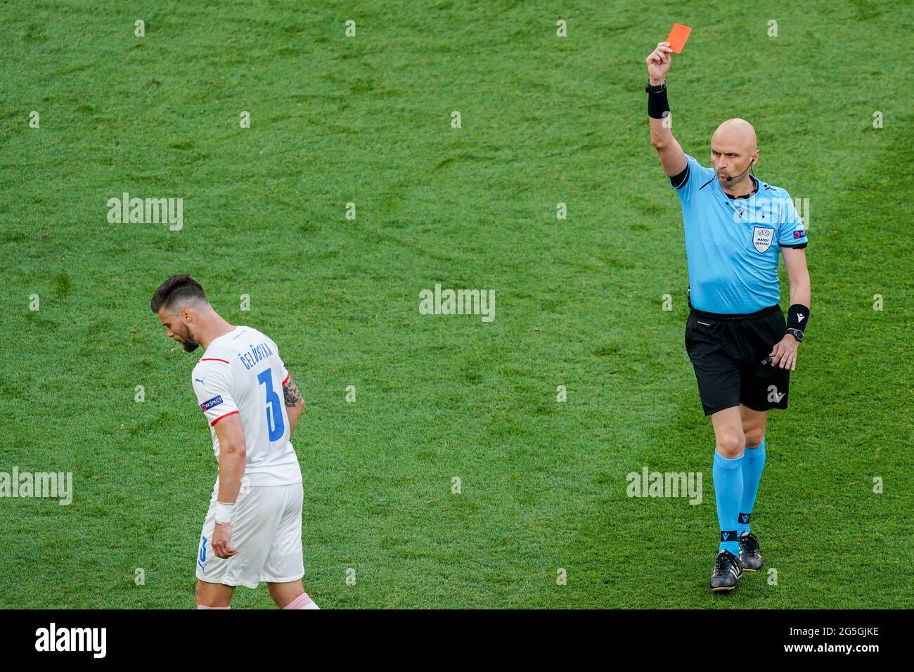 BUDAPEST, HUNGARY - JUNE 27: Referee Sergei Karasev with a direct red card  for Matthijs de Ligt of the Netherlands (not in picture) after checking the  VAR during the UEFA Euro 2020:
